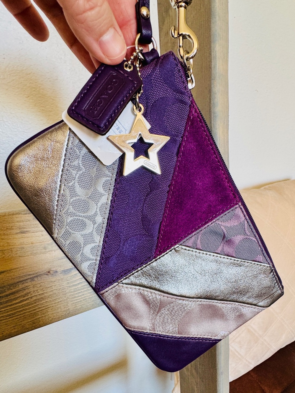 Coach NWT Purple Patchwork Chevron Wristlet F46199 | Metallic Silver Suede